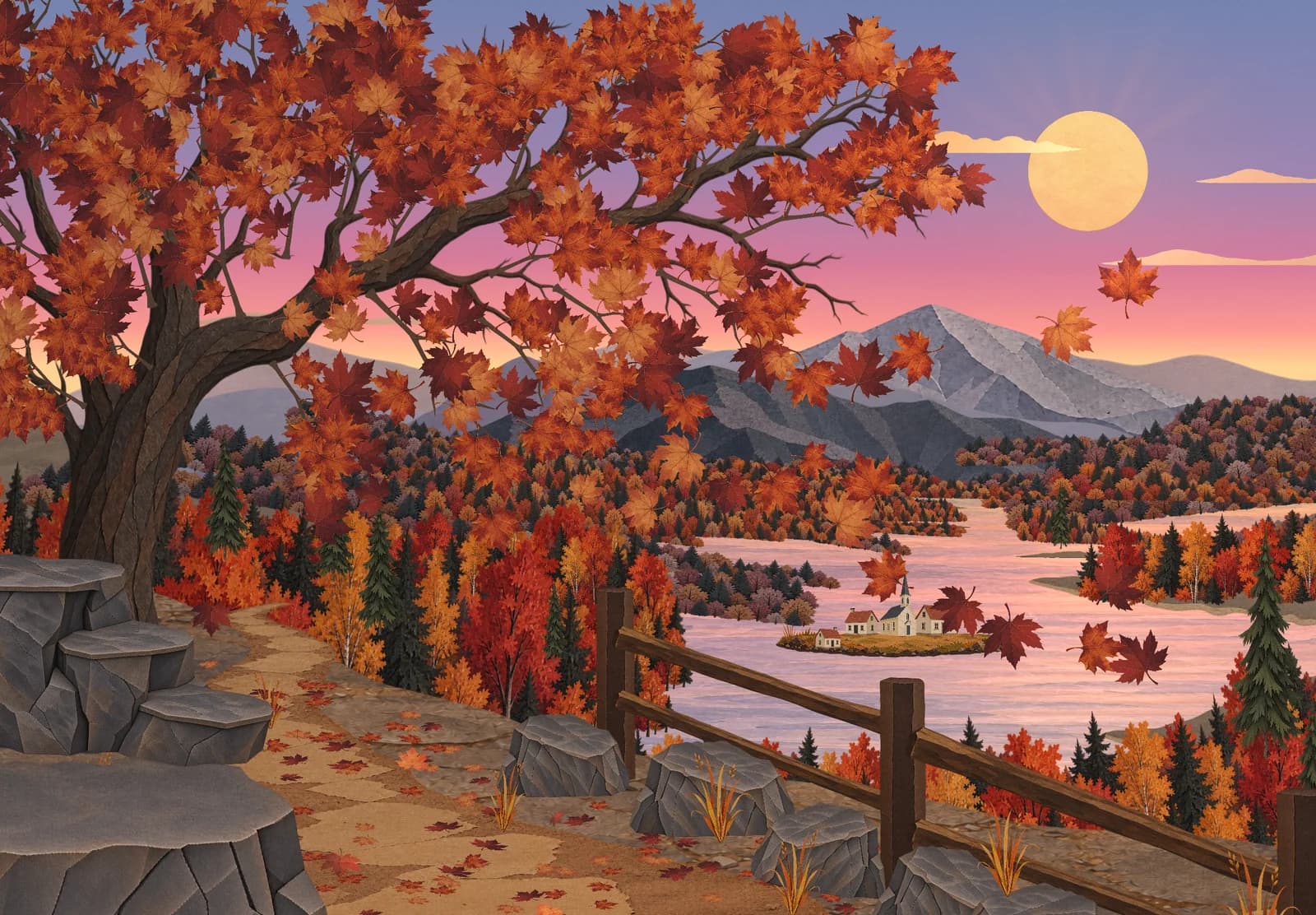 Autumn in Relaxation Station: a maple tree above a lakeside path, with mountains and a low sun beyond.