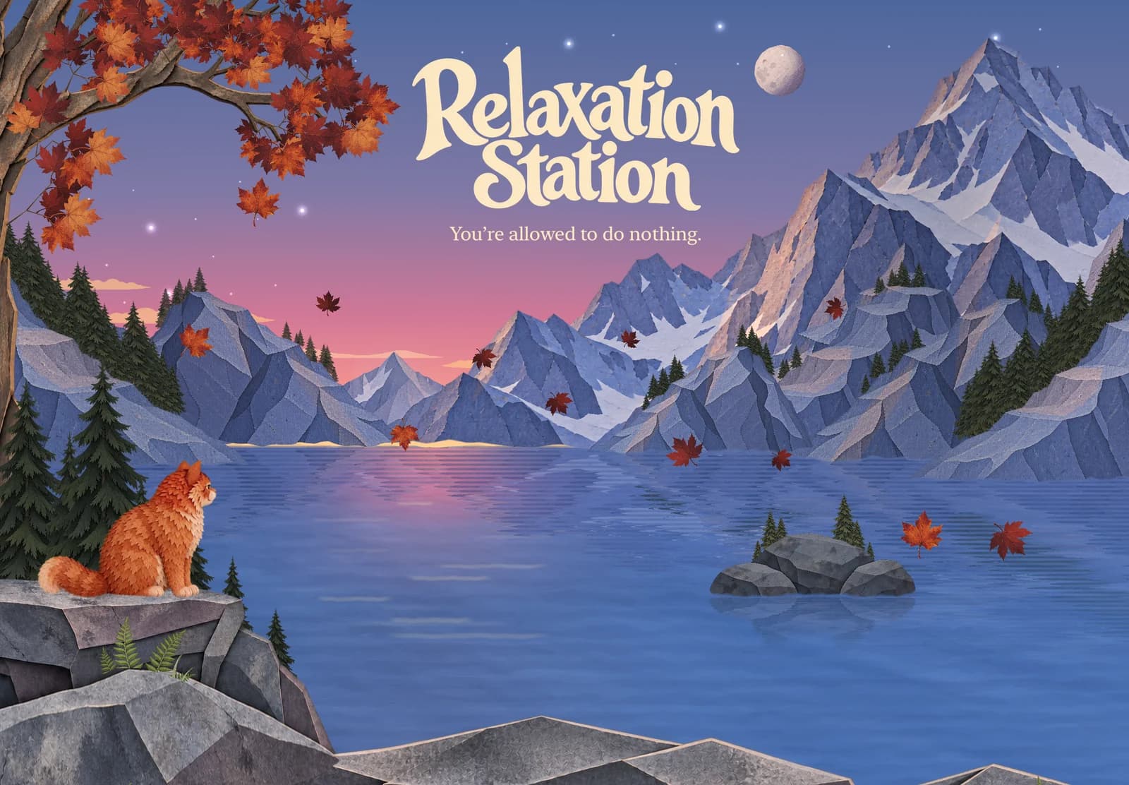 Relaxation Station on iPad: Sow Sow beside a paper mountain lake, with the app’s logo and “You’re allowed to do nothing” tagline.