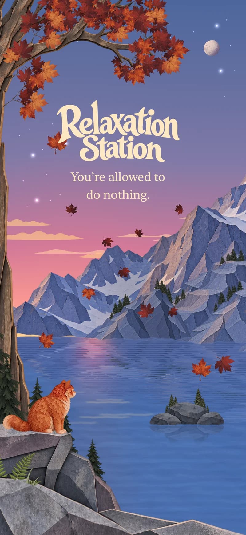 Relaxation Station on iPhone: Sow Sow beside a paper mountain lake beneath a starry sky, with the app’s logo and “You’re allowed to do nothing” tagline.